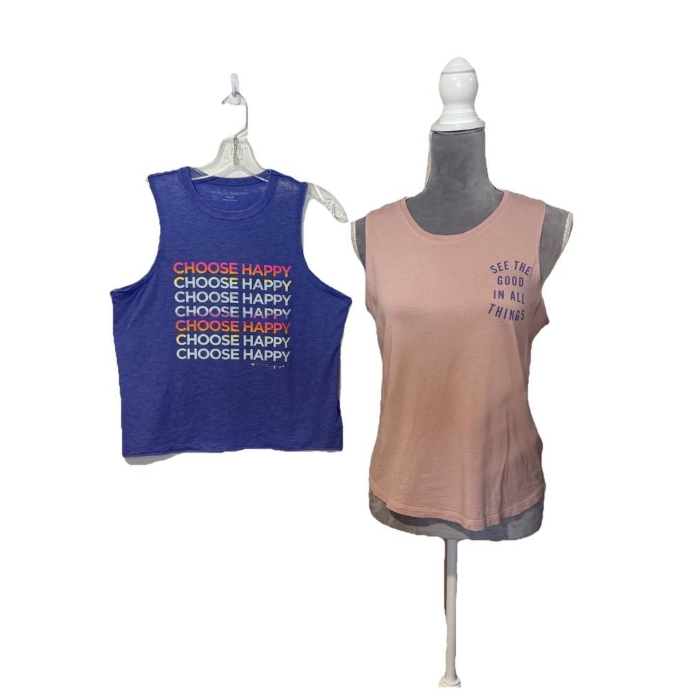 2 Spiritual Gangster Women's MED Sleeveless Crop Tank Tops Light Pink & Blue
